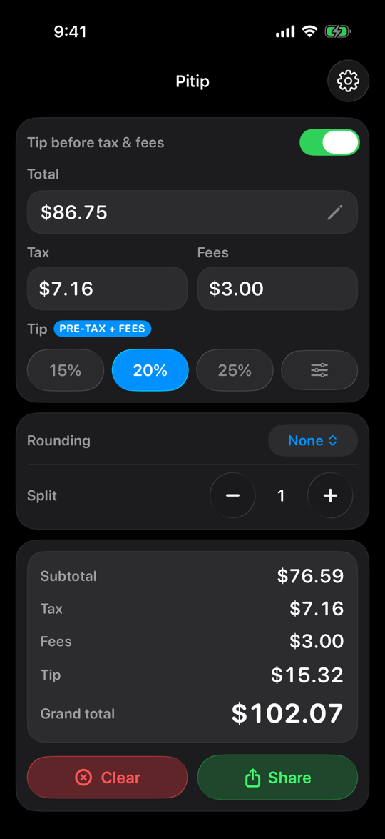 Pitip on iPhone showing an $86.75 bill with $7.16 tax and a $3.00 service fee, tipping 20% on the $76.59 subtotal for a $15.32 tip