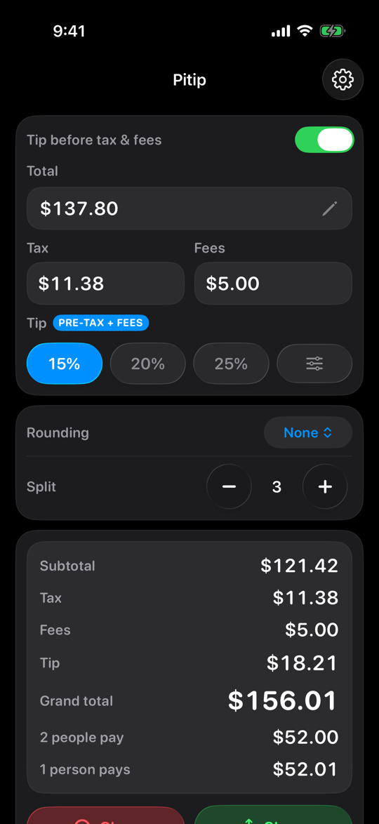 Pitip on iPhone splitting a $156.01 total three ways: 2 people pay $52.00 and 1 person pays $52.01