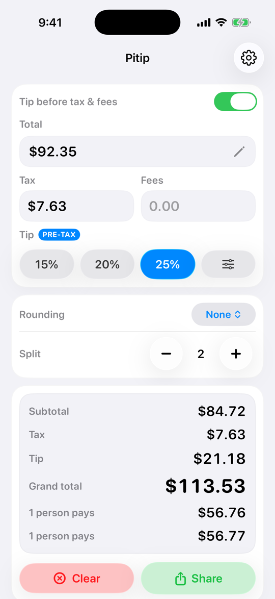 Pitip on iPhone in light mode splitting a $113.53 total two ways to the penny