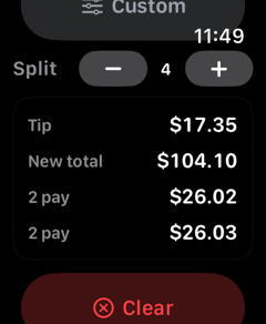 Pitip on Apple Watch splitting a $104.10 total four ways as $26.02 and $26.03